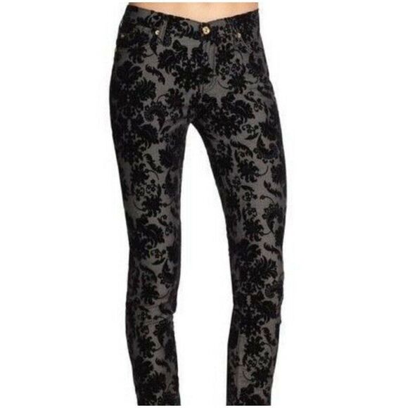 7 For All Mankind Black Gray Velvet Mid Rise Skinny Jeans 24 - Picture 1 of 8